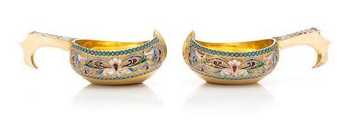 * A Pair of Russian Silver-Gilt and Enameled Kovshi, Mark of Nikolay Strulev, Moscow, 20th Century, each of typical form, the