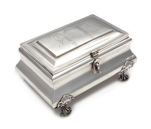 * A Russian Silver Table Casket, Mark of Vasily Pulyatky, Moscow, Early 20th Century, the lid worked to show floral decoratio