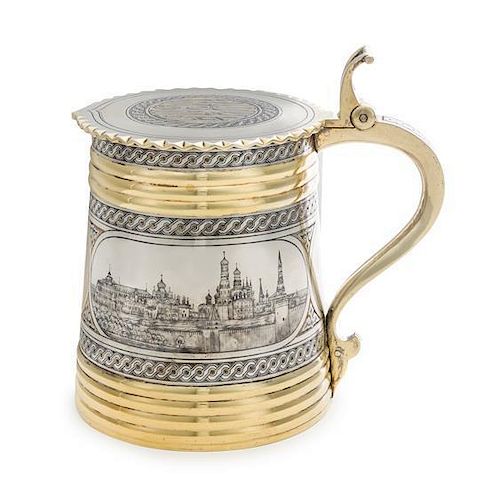* A Large Russian Silver-Gilt and Niello Decorated Tankard, Mark of Sazikov with Imperial Warrant, Assay of Viktor Savinsky,