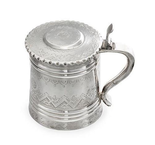 * A Russian Silver Children's Tankard, Mark of Sergei Orlov, Assay Mark A.K., Moscow, 1879, the lid and body with engraved ge