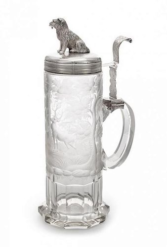 * A Russian Silver Mounted Cut Glass Tankard, Maker's Mark Obscured, Late 19th/Early 20th Century, the lid having a finial in