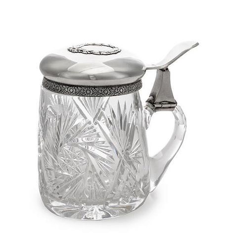 * A Latvian Silver-Mounted Cut Glass Tankard, Likely Mark of L. Rosental, Riga, 20th Century, the lid with a foliate cartouch