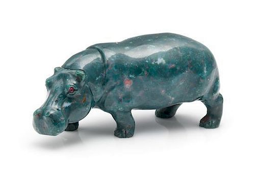 * A Carved Green Chalcedony Figure, Possibly Russian, in the form of a hippopotamus.