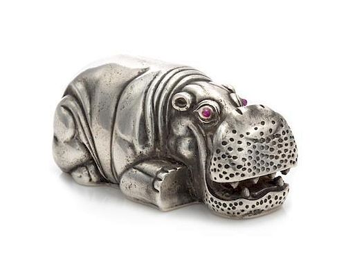 * A Russian Silver Hippopotamus, Maker's Mark I.P., 20th Century, with cobochon inset eyes.