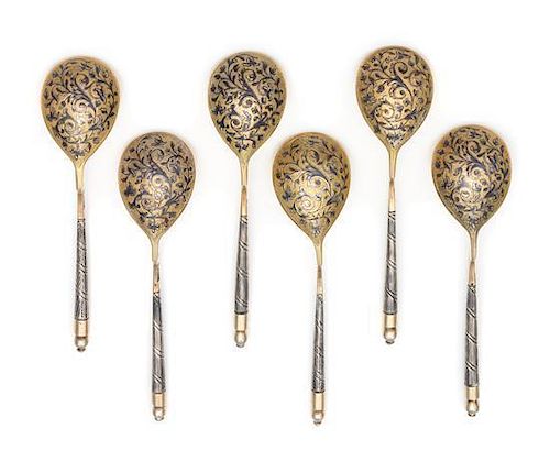 * A Set of Six Russian Niello and Silver-Gilt Teaspoons, Mark of S. Stroganov, Assay of Andrei Kovalsky, Moscow, 1846, the un