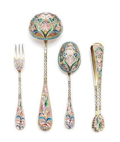 * A Group of Russian Enameled Silver Tea Service Flatware, Mark of Maria Semenova, Moscow, Late 19th/Early 20th Century, comp