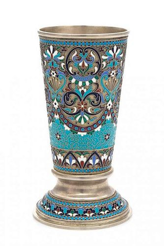 * A Russian Enameled Silver Beaker, Mark of Ivan Gubkin, Assay of Vasily Petrov, Moscow, 1884, the tapering body decorated wi