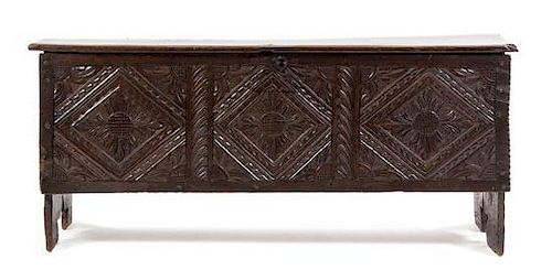 A Jacobean Carved Oak Chest Height 24 x width 54 x depth 16 inches.