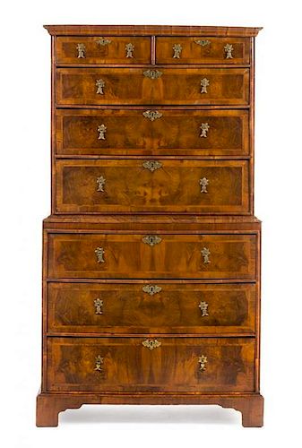 A George II Walnut Chest on Chest Height 63 x width 35 x depth 19 inches.
