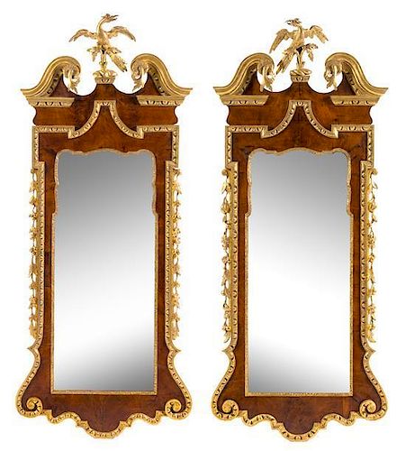 A Pair of Monumental George III Parcel Gilt Mahogany Mirrors Height 72 x width 30 inches.