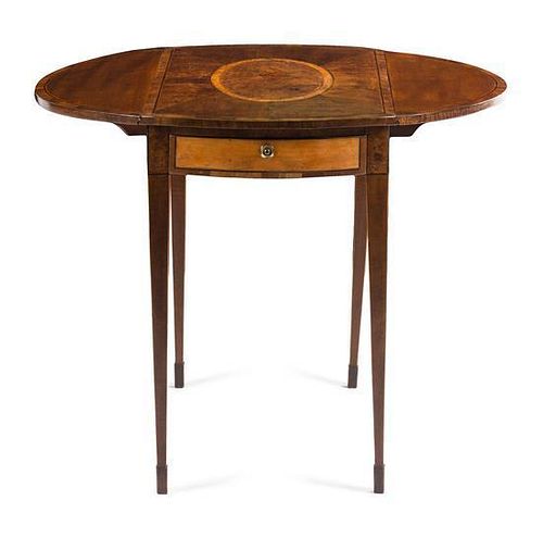 A George III Burlwood and Satinwood Pembroke Table Height 27 3/4 x width 26 7/8 x depth 17 3/8 inches (closed).