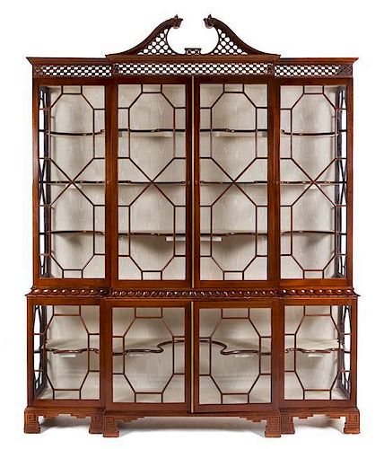 A Chinese Chippendale Style Mahogany Breakfront Vitrine Cabinet Height 100 x width 81 1/2 x depth 17 1/4 inches.