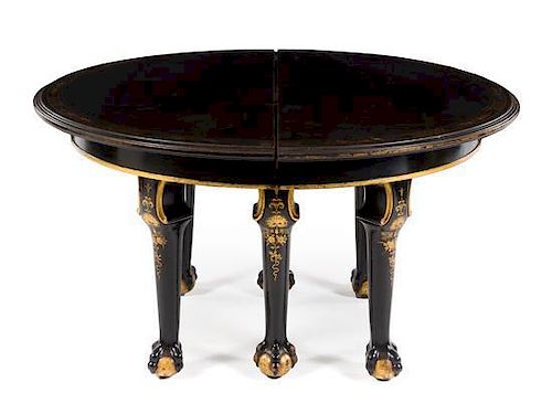 An Irish Painted and Parcel Gilt Extension Dining Table Height 29 3/4 x diameter of top 57 inches (closed).