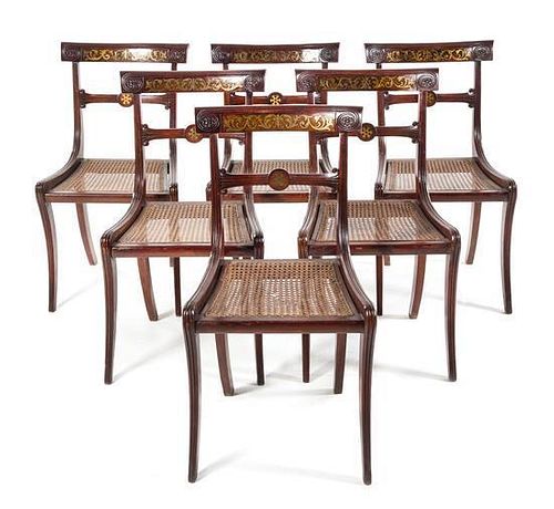 A Set of Six Regency Brass Inlaid Dining Chairs Height 32 1/2 inches.