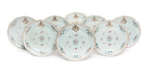 A Set of Eight Chinese Export Porcelain Armorial Plates Diameter 10 5/8 inches.