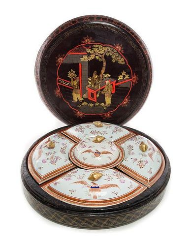 A Chinese Export Porcelain and Lacquered Serving Set Diameter 21 3/4 inches.