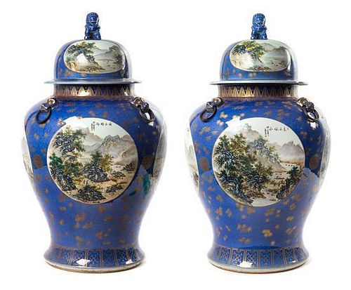 A Pair of Chinese Porcelain Mounted Covered Urns Height 36 1/4 inches.