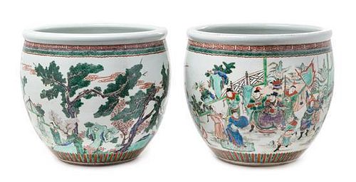 A Pair of Chinese Famille Verte Porcelain Jardinieres Height 14 1/2 inches.