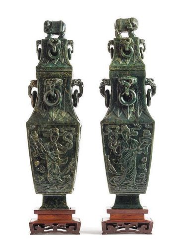 A Pair of Chinese Spinach Jade Covered Vases Height 18 inches.