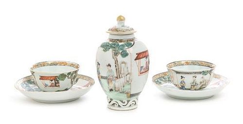 Two Sets of Chinese Export Famille Rose Porcelain Cups and Saucers Height of tea caddy 5 inches.