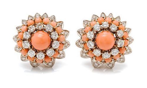 A Pair of Bicolor Gold, Angel Skin Coral and Diamond Earclips, 18.45 dwts.