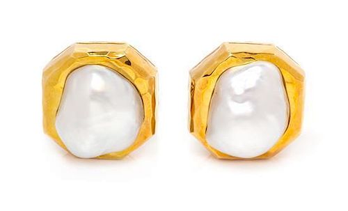 * A Pair of 18 Karat Yellow Gold and Cultured Pearl Earrings, Dunay, 15.10 dwts.