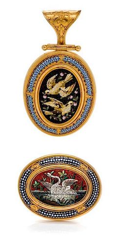 * A Collection of Victorian Yellow Gold and Micromosaic Bird Motif Jewelry, 16.40 dwts.