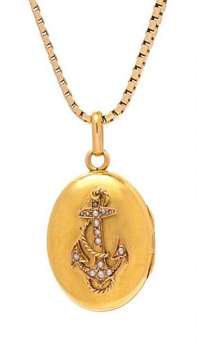 A Victorian Yellow Gold and Seed Pearl Locket and 14 Karat Yellow Gold Chain, 12.30 dwts.