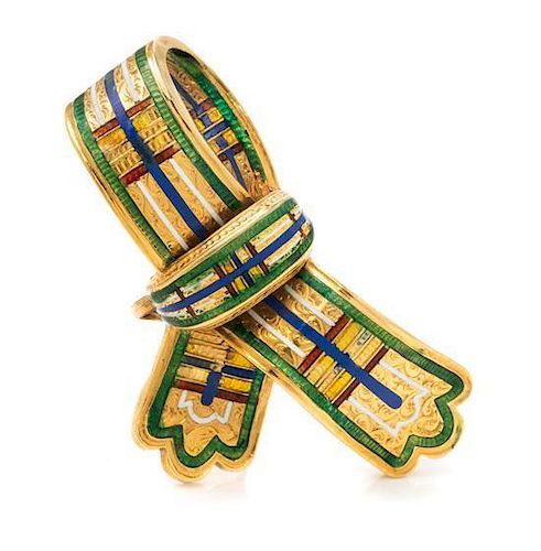 A Victorian Yellow Gold and Polychrome Enamel Ribbon Motif Brooch, 5.90 dwts.