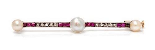 * A Platinum Topped Gold, Pearl, Diamond and Ruby Bar Brooch,