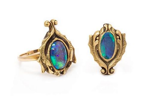 * A Collection of Art Nouveau Black Opal Jewelry, 6.00 dwts.