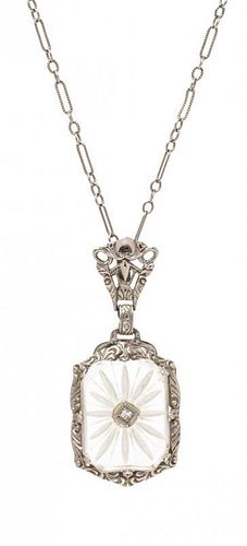 * A 14 Karat White Gold, Rock Crystal and Diamond Pendant/Necklace, 2.60 dwts.