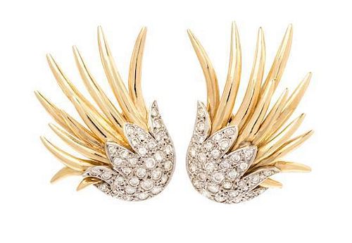 A Pair of 14 Karat Bicolor Gold and Diamond Earclips, 9.90 dwts.