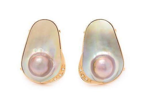 A Pair of 14 Karat Yellow Gold, Blister Pearl and Diamond Earclips, 20.30 dwts.