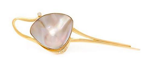 A 14 Karat Yellow Gold, Blister Pearl and Diamond Brooch, 17.30 dwts.