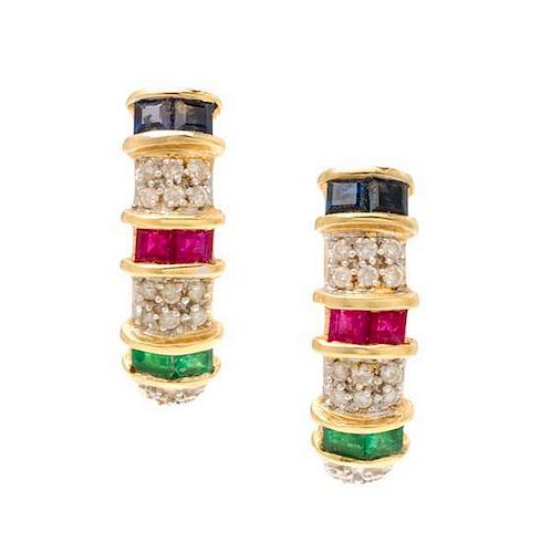 * A Pair 18 Karat Yellow Gold, Diamond, Ruby, Sapphire and Emerald Hoop Earrings, 4.50 dwts.