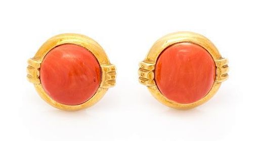 * A Pair of 18 Karat Yellow Gold and Coral Earclips, Stefani Stefano, 7.80 dwts.