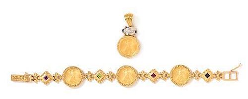 * A Collection of 14 Karat Yellow Gold, US $5 Gold Eagle Coin and Multigem Jewelry, 25.10 dwts.