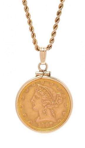 A 14 Karat Yellow Gold US $5 1907 Liberty Head Coin Pendant/Necklace, 11.00 dwts.