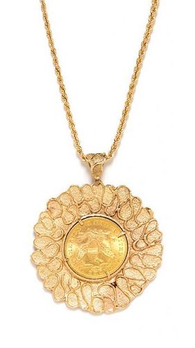 * A Yellow Gold and US $10 Liberty Head Coin Pendant/Necklace, 51.80 dwts.
