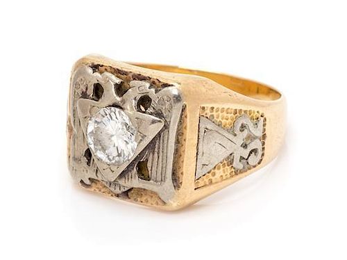 * A 14 Karat Bicolor Gold and Diamond 32nd Degree Scottish Right Mason Ring, 8.10 dwts.