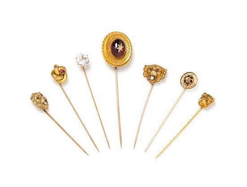 A Collection of Yellow Gold and Multigem Stickpins, 12.10 dwts.