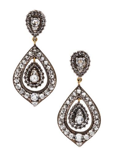 * A Pair of Silver Topped Gold and Diamond Pendant Earrings,