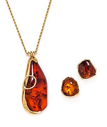 * A Collection of 14 Karat Yellow Gold and Amber Jewelry, JB Sorensen, Denmark, 33.30 dwts.