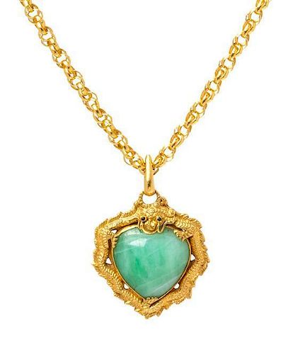 A 24 Karat Yellow Gold and Jadeite Dragon Motif Pendant with Chain, 14.20 dwts.