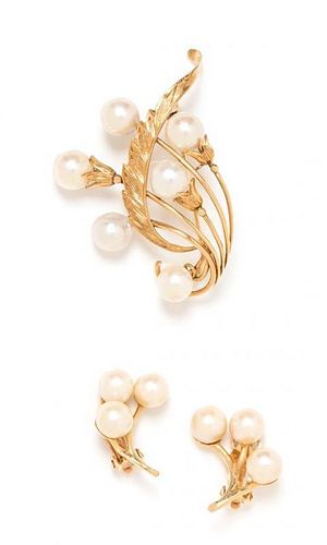 A Collection of 14 Karat Yellow Gold and Cultured Pearl Jewelry, 12.20 dwts.