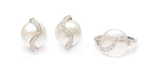 An 18 Karat White Gold, Sterling Silver, Cultured Coin Pearl and Diamond Demi-Parure, YVEL, 6.50 dwts.