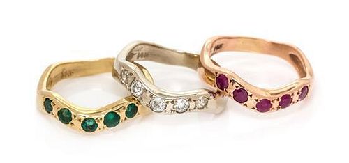 A Collection of 14 Karat Gold and Gemstone Stacking Rings, 9.30 dwts.