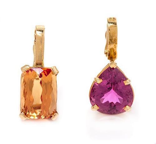 * A Collection of Yellow Gold, Pink Tourmaline and Topaz Enhancer/Pendants, 6.30 dwts.