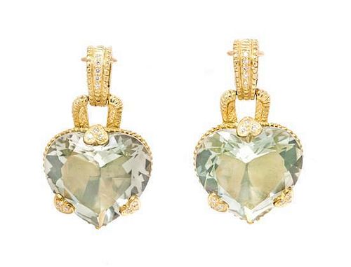 * A Pair Yellow Gold, Prasiolite and Diamond Pendant Earclips, 10.55 dwts.